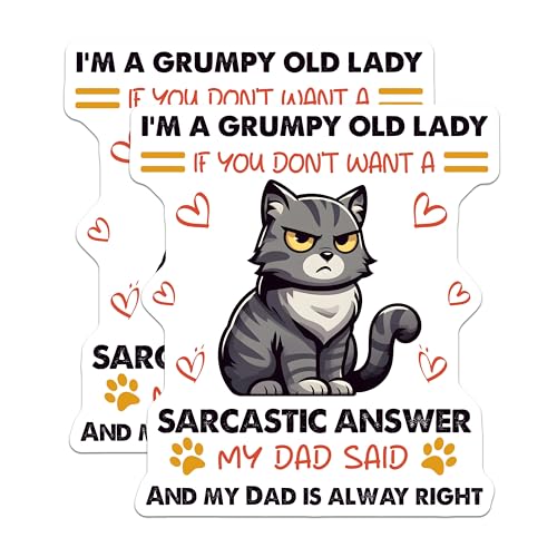 (2 Pack) Grumpy Cat Humor Stickers - Sarcastic Answer - Funny Old Lady Quote for Dad - 5" On Longest Side - Sticks to Smooth Flat Surfaces - Made in USA - BMCS7349