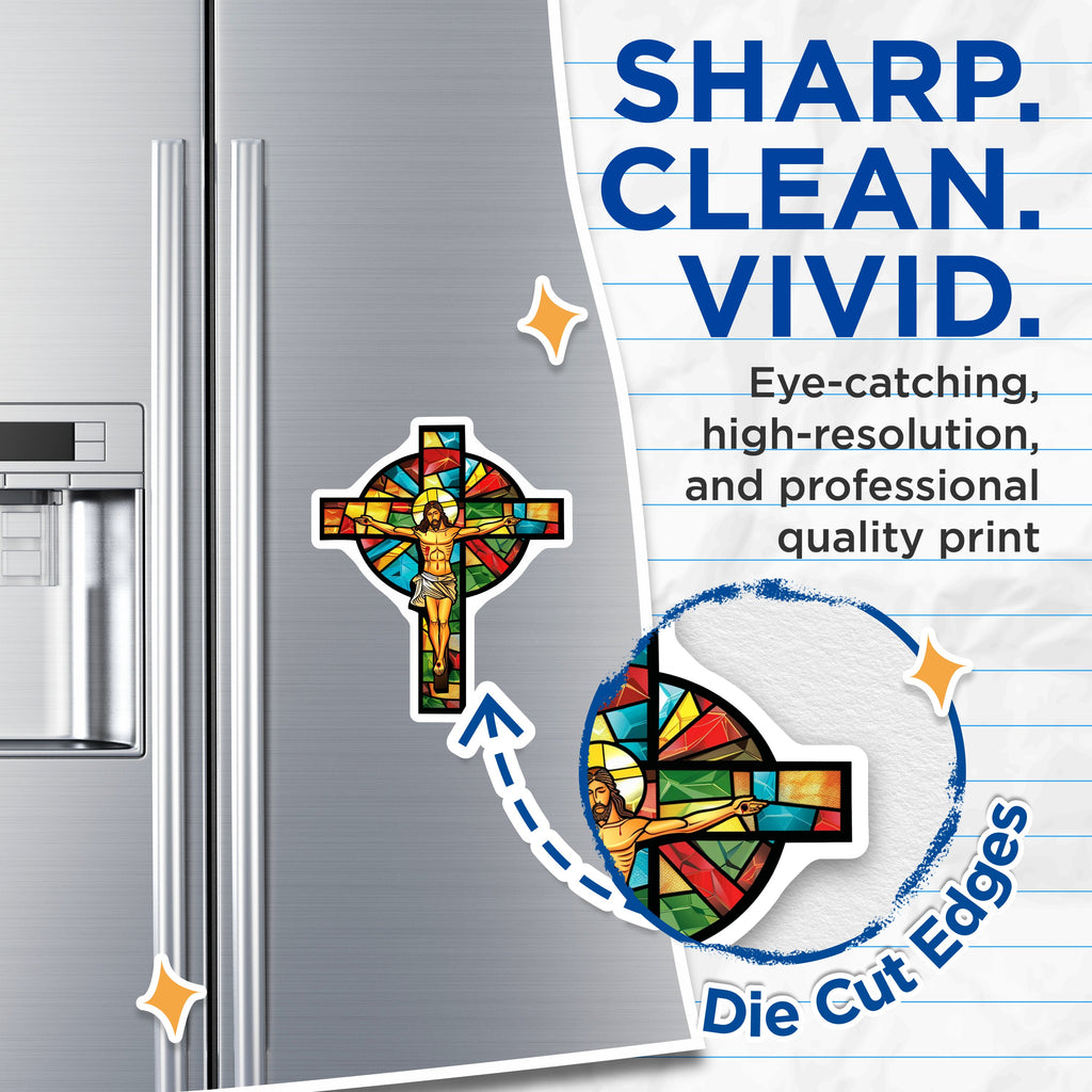 (2 Pack) Stained Glass Jesus Magnets - Christian Cross Refrigerator Decor - Catholic Faith Adornment - 5 Inches On Longest Side - Thick Durable Magnet - Made in USA - MAG39421