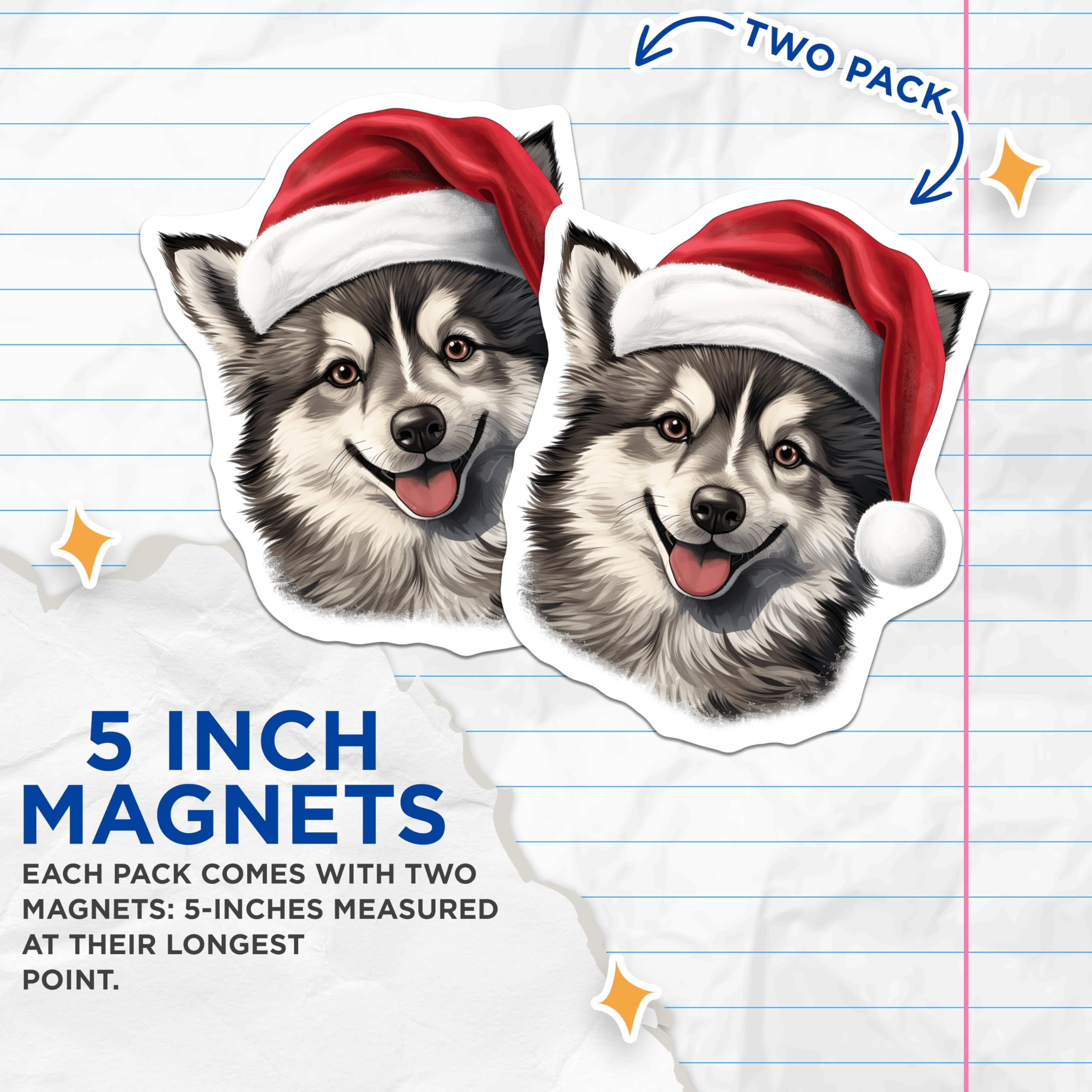 (2 Pack) Santa Dog Magnets - Christmas Husky Puppy Art - Holiday Pet Lover Decor - 5 Inches On Longest Side - Thick Durable Magnet - Made in USA - MAG30996