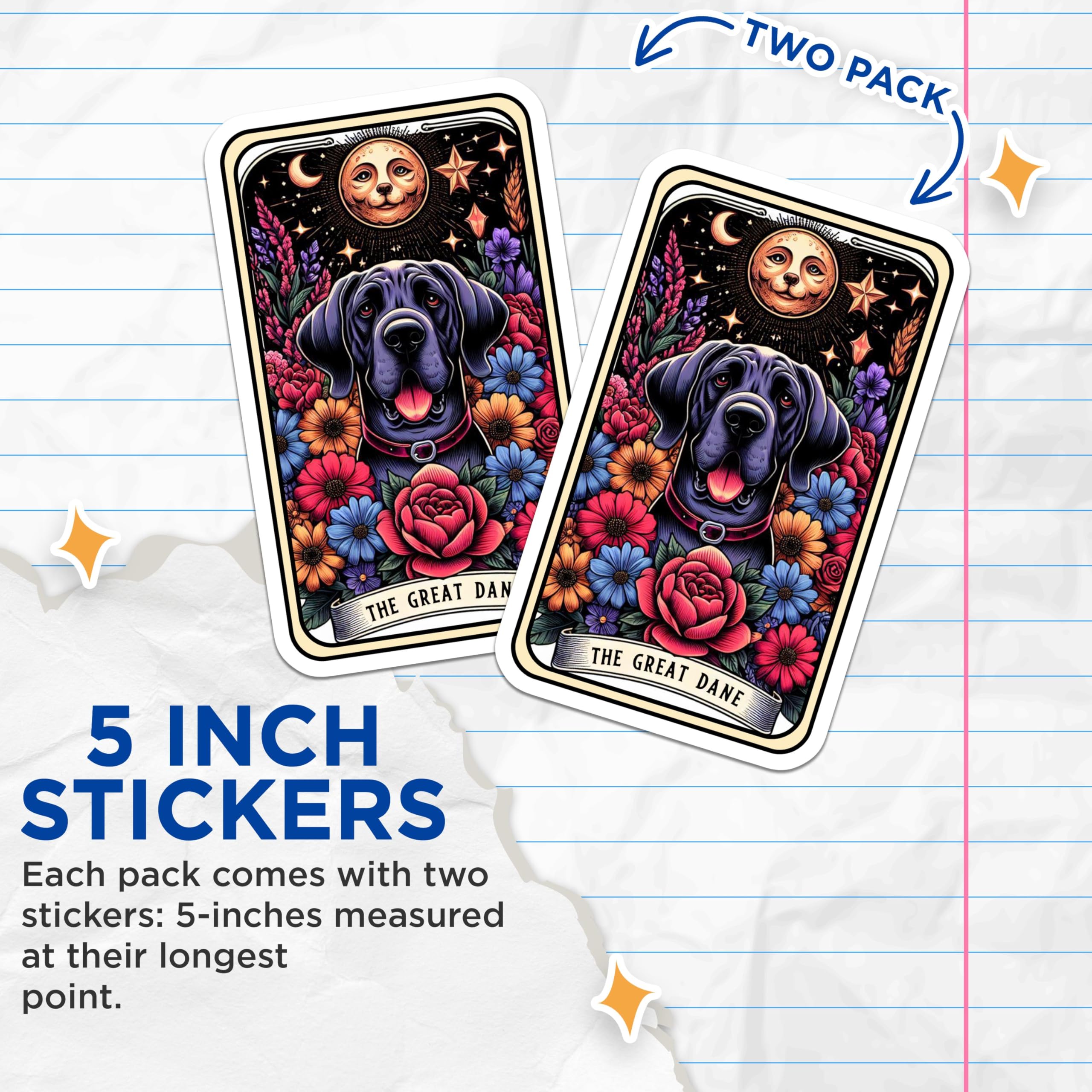(2 Pack) Dog Art Stickers - Great Dane Stickers - Floral Dog Stickers - Colorful Animal Stickers - Nature Design - 5" On Longest Side - Sticks to Smooth Flat Surfaces - Made in USA - BMCS5058
