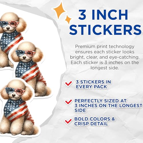 (3 Pack) Patriotic Poodle Decals - American Flag Dog - Laptop Decal- 3 Inches On Longest Side - Easy Peel & Apply - Made in USA - 3MCS5305