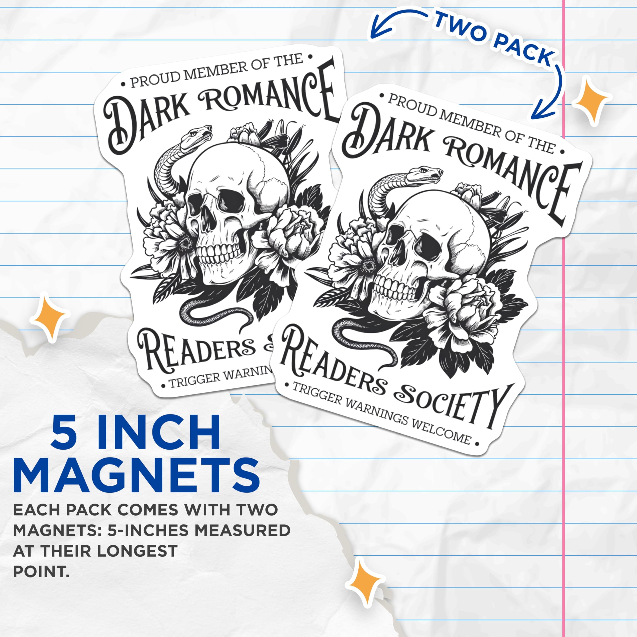 (2 Pack) Dark Romance Reader Magnets - Skull Snake Floral Aesthetic - Bookworm Society Fan Art - 5 Inches On Longest Side - Thick Durable Magnet - Made in USA - MAG22959