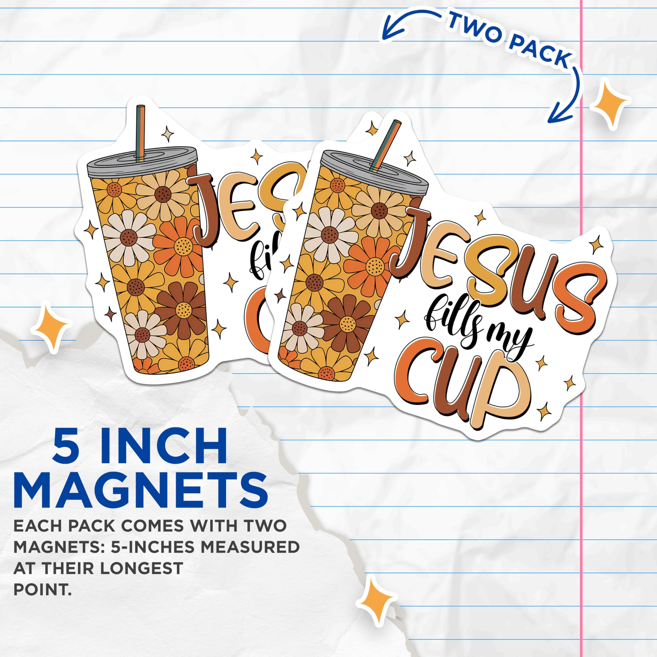 (2 Pack) Jesus Fills My Cup Magnets - Floral Tumbler - Christian Decor - 5" On Longest Side - Premium Magnet - for Cars, Refrigerators, Toolboxes, Lockers - Made in USA - MAG16210