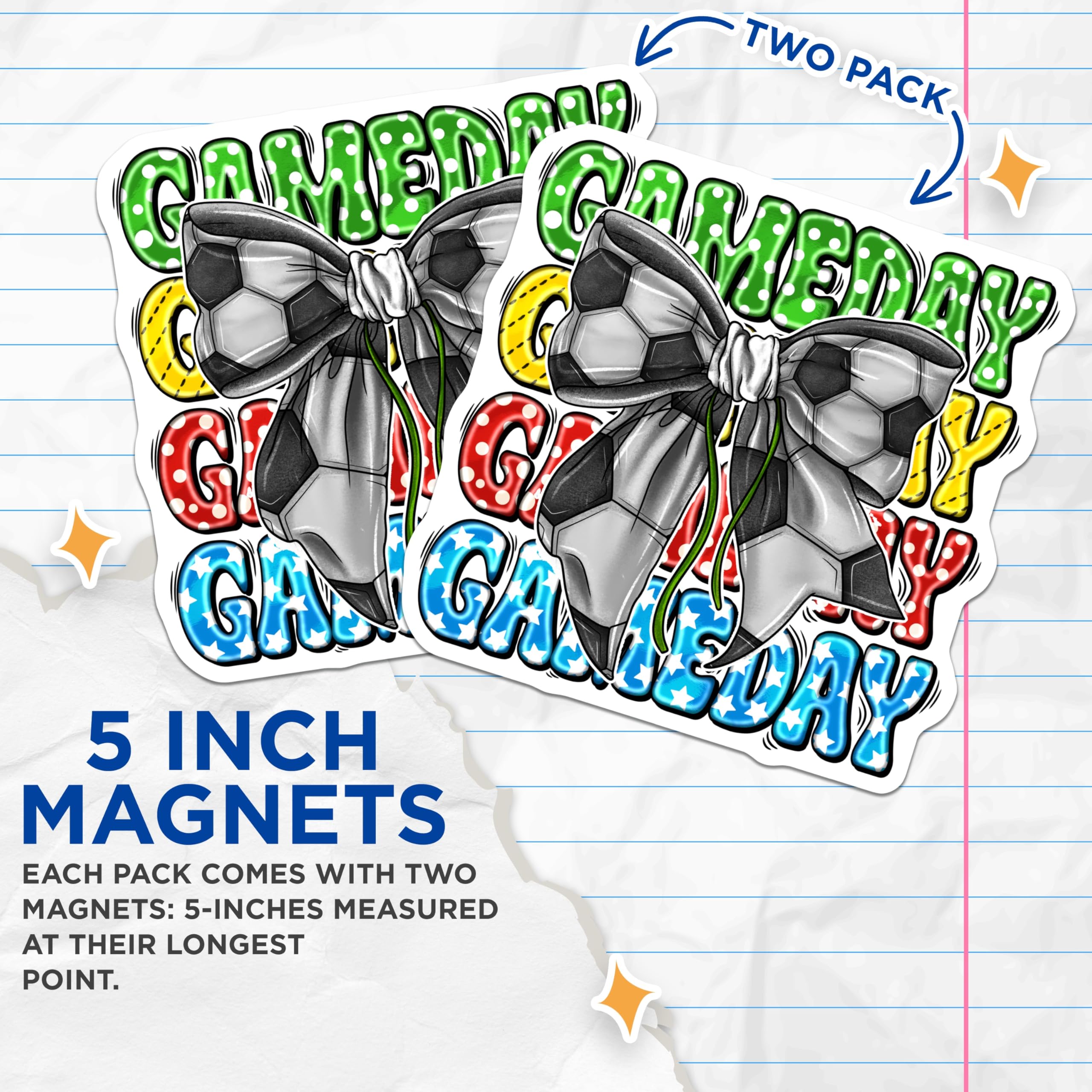 (2 Pack) Gameday Soccer Ball Bow Magnets - Team Spirit Fan Decor - Soccer Mom Player Athlete Accessory - Locker Fridge Magnet - 5 Inches On Longest Side - Thick Durable Magnet - Made in USA - MAG28461