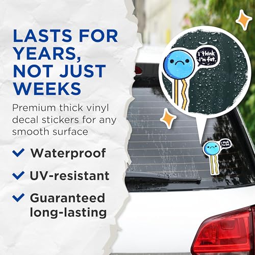 (2 Pack) Funny Sad Cartoon Stickers - Humorous Quote - Blue Round Character Design - 5" On Longest Side - Sticks to Smooth Flat Surfaces - Made in USA - BMCS8017