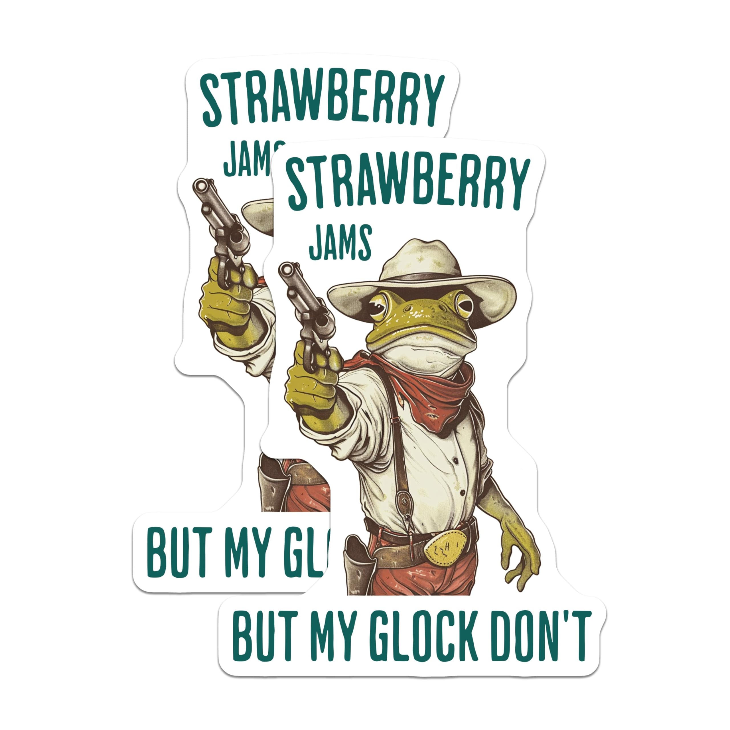 (2 Pack) Funny Frog Stickers - Western Humor Stickers - Strawberry Jams But My Glock Don't Sticker - 5" On Longest Side - Sticks to Any Smooth Flat Surface - Made in USA - BMCS3480