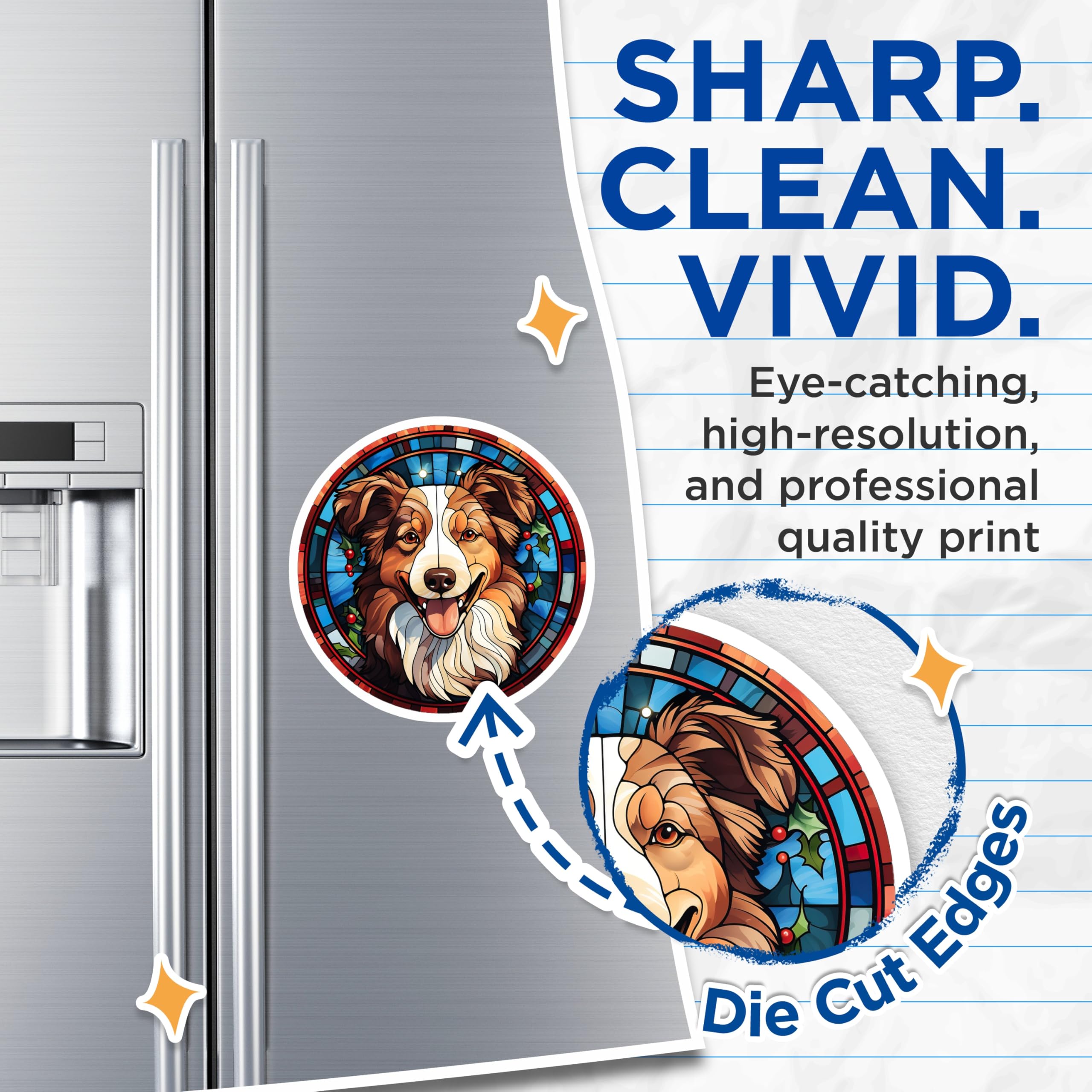 (2 Pack) Australian Shepherd Magnets - Stained Glass Dog Art - Holiday Pet Decor - 5 Inches On Longest Side - Thick Durable Magnet - Made in USA - MAG25993