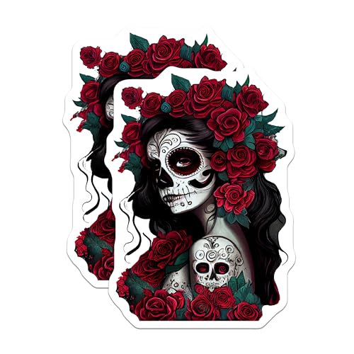 (2 Pack) Sugar Skull Stickers - Day of The Dead - 5" On Longest Side - Sticks to Smooth Flat Surfaces - Made in USA - BMCS9203 - BMCS9203