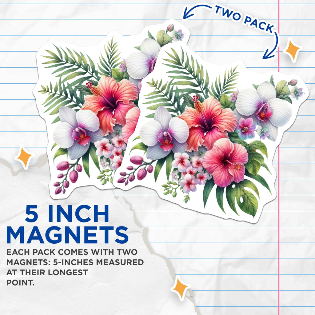(2 Pack) Tropical Floral Magnets - Vibrant Hawaiian Hibiscus Orchid Arrangement - Exotic Botanical Fridge Decor - 5 Inches On Longest Side - Thick Durable Magnet - Made in USA - MAG22911