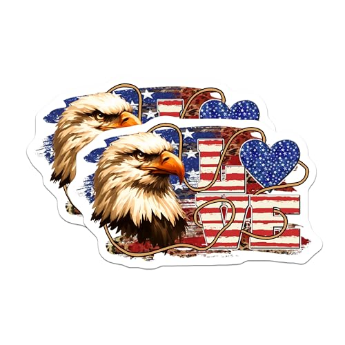 (2 Pack) Patriotic Bald Eagle Stickers - American Flag Love - Independence Day Vinyl Decals - 5" On Longest Side - Sticks to Smooth Flat Surfaces - Made in USA - BMCS7409