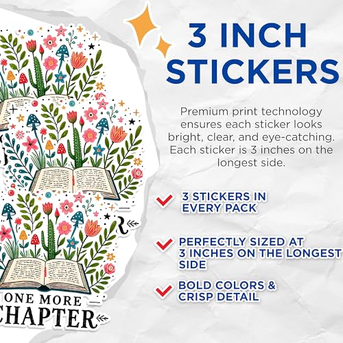 (3 Pack) Book Decals - One More Chapter Decal - Floral Book Decal - 3 Inches On Longest Side - Easy Peel & Apply - Made in USA - 3MCS1560