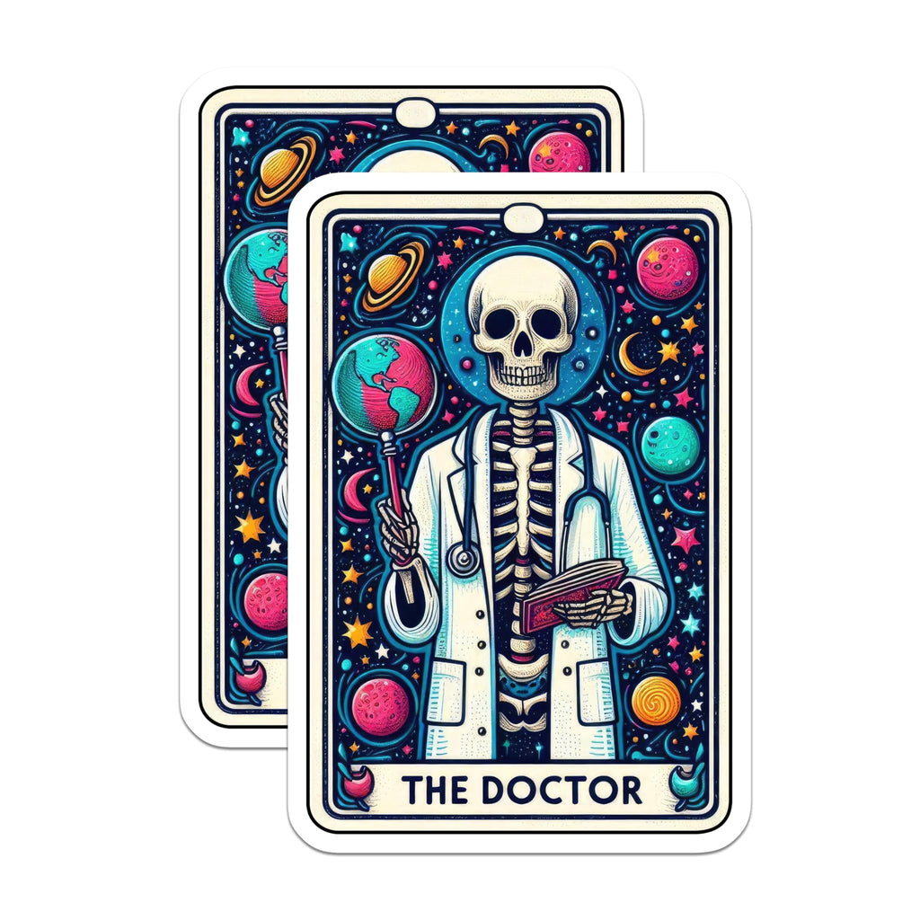 (2 Pack) Skeleton Doctor Stickers - Tarot Card Stickers - Skeleton Art Stickers - Doctor Humor Stickers - 5" On Longest Side - Sticks to Smooth Flat Surfaces - Made in USA - BMCS5387
