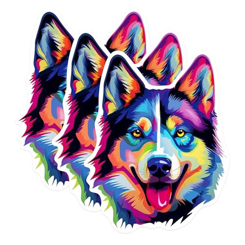 (3 Pack) Colorful Husky Decals - Laptop Stickers - Dog Breed Art - 3 Inches On Longest Side - Easy Peel & Apply - Made in USA - 3MCS0832