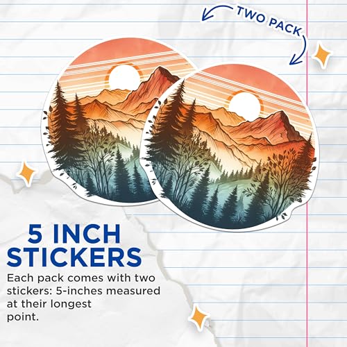 (2 Packs) Mountains with Sunset Stickers - Outdoorsman Nature Hiking Decals - 5 Inches On Longest Side - Premium Vinyl Decal - Sticks to Any Smooth Flat Surface - Made in USA - BMCS2285
