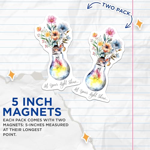 (2 Pack) Let Your Light Shine Bulb Magnets Magnets - Floral Butterfly Magnet - Inspirational Decor - 5" On Longest Side - Made in USA - Sticks to Refrigerators & Metal Surfaces - MAG8577