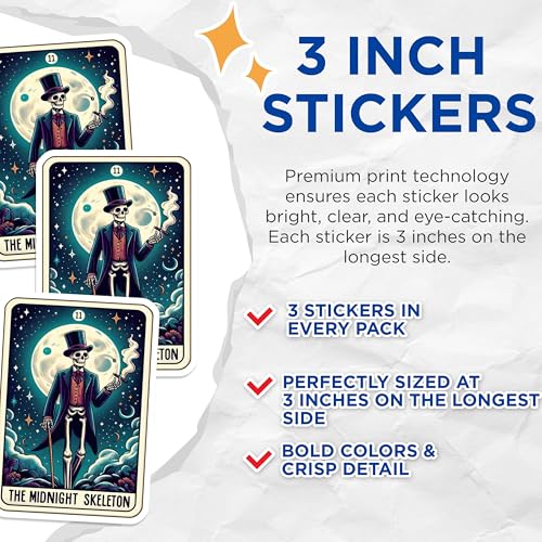(3 Pack) Midnight Skeleton Decals - Tarot Card Art - Halloween Decorations - 3 Inches On Longest Side - Easy Peel & Apply - Made in USA - 3MCS4221