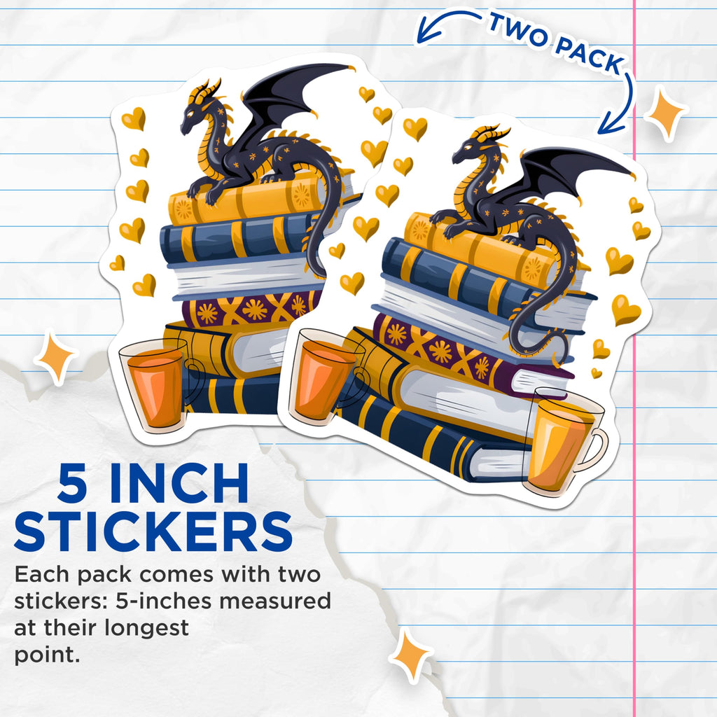 (2 Pack) Dragon Reading Books Stickers - Fantasy Literature Lover Decals - Cozy Bookish Aesthetic - Magical Creature Art - 5" On Longest Side - Sticks to Smooth Flat Surfaces - Made in USA - BMCS21754