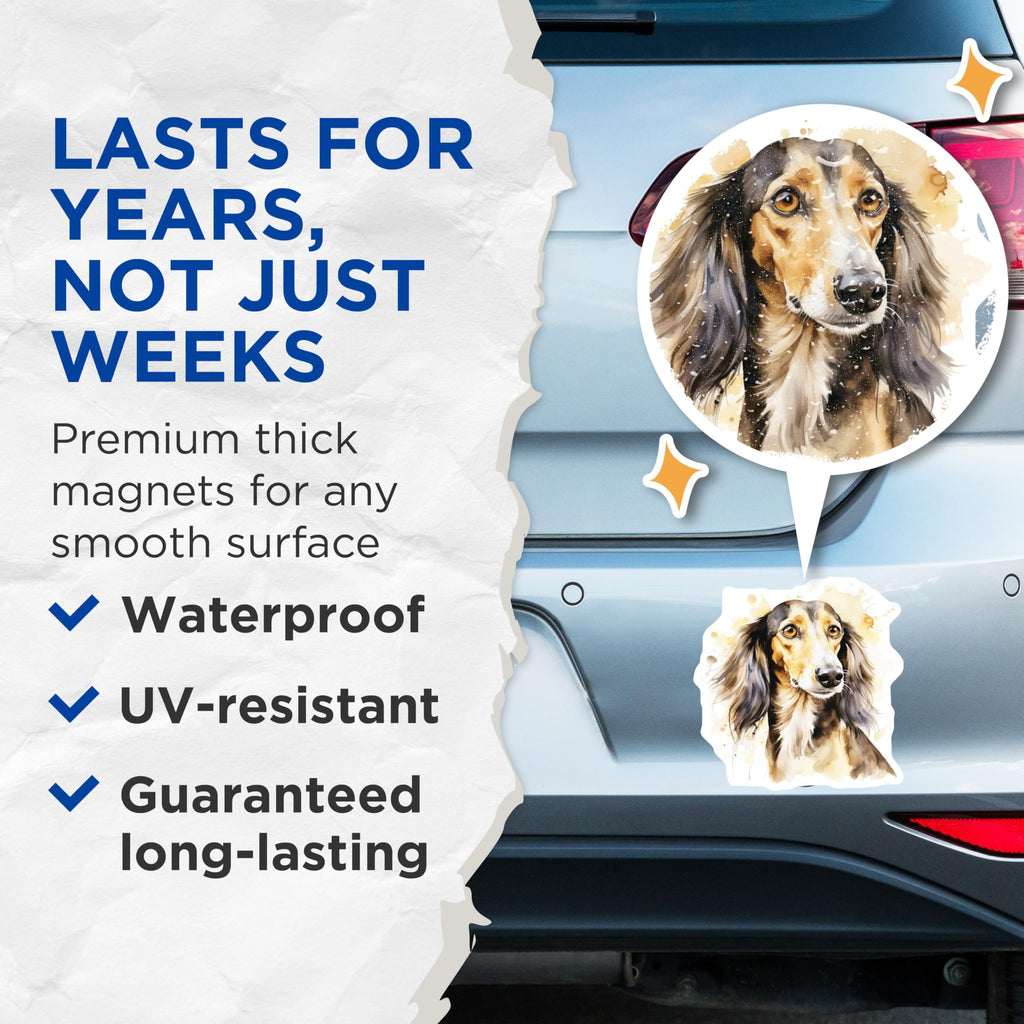 (2 Pack) Dachshund Dog Magnets - Watercolor Pet Art - Long Haired Doxie Decor - 5 Inches On Longest Side - Thick Durable Magnet - Made in USA - MAG29633