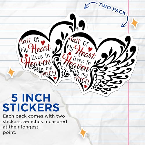 (2 Pack) Memorial Angel Stickers - Heart Remembrance Decal - Tribute to Loved Ones Sticker - 5" On Longest Side - Sticks to Smooth Flat Surfaces - Made in USA - BMCS6114