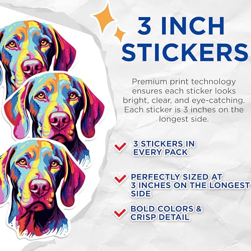 (3 Pack) Vizsla Dog Decals - Colorful Dog Art - Pet Lover Decals - 3 Inches On Longest Side - Easy Peel & Apply - Made in USA - 3MCS0844