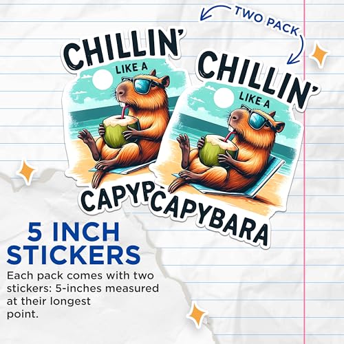 (2 Pack) Chillin Like A Capybara Stickers - Funny Capybara Stickers - Animal Humor Stickers - 5" On Longest Side - Sticks to Any Smooth Flat Surface - Made in USA - BMCS2672