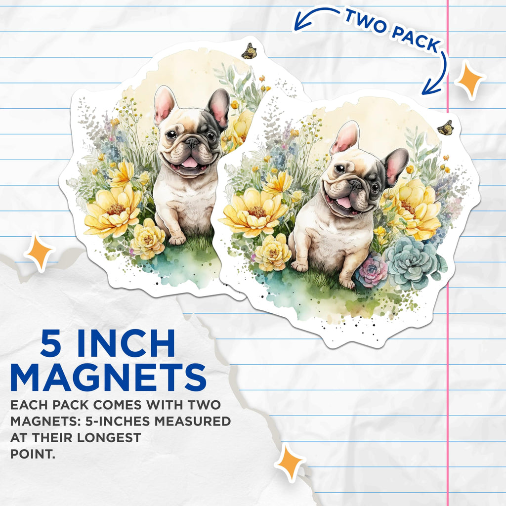 (2 Pack) French Bulldog Magnets - Floral Dog Art - Fridge Magnets - 5" On Longest Side - Premium Magnet - for Cars, Refrigerators, Toolboxes, Lockers - Made in USA - MAG14689