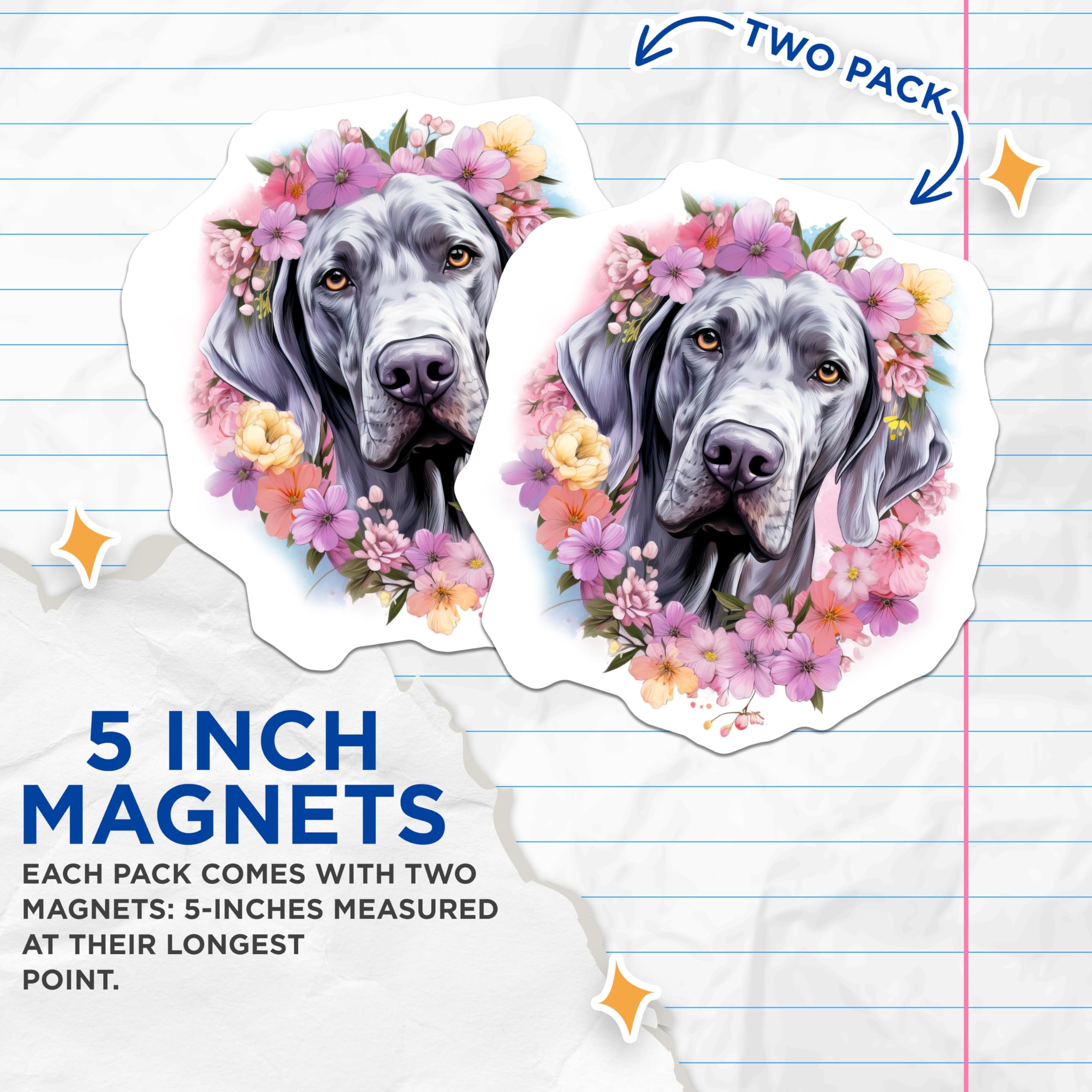 (2 Pack) Weimaraner Floral Magnets - Dog Lover Decor - Refrigerator Magnets for Weimaraner Mom - 5 Inches On Longest Side - Thick Durable Magnet - Made in USA - MAG29112