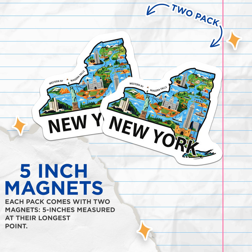 (2 Pack) New York State Map Magnets - Iconic NYC Landmarks Niagara Falls Adirondacks - USA Travel Souvenir Refrigerator Decor - 5 Inches On Longest Side - Thick Durable Magnet - Made in USA - MAG19220