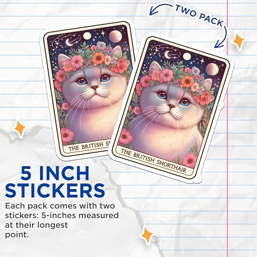 (2 Pack) Cute Cat Stickers - Floral Crown Kitten Stickers - British Shorthair Cat Stickers - 5" On Longest Side - Sticks to Smooth Flat Surfaces - Made in USA - BMCS4790