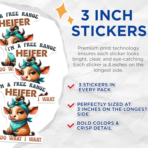 (3 Pack) Heifer Decals - Funny Cow - Free Range Heifer - Animal Decals - 3 Inches On Longest Side - Easy Peel & Apply - Made in USA - 3MCS2552