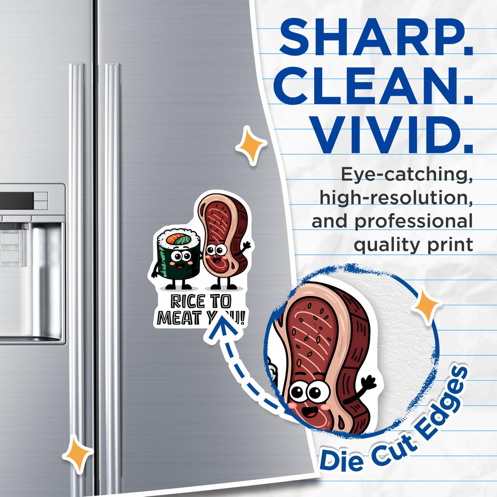 (2 Pack) Funny Food Puns Magnets - Sushi and Steak - Rice to Meat You Humorous Refrigerator Decor - 5" On Longest Side - for Cars, Fridges, Toolboxes - Made in USA - MAG7641