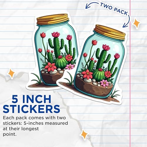 (2 Pack) Cactus Jar Stickers - Succulent Plant Decal - Nature Botanical Art Stickers for Laptop and Water Bottle - 5" On Longest Side - Sticks to Smooth Flat Surfaces - Made in USA - BMCS4643