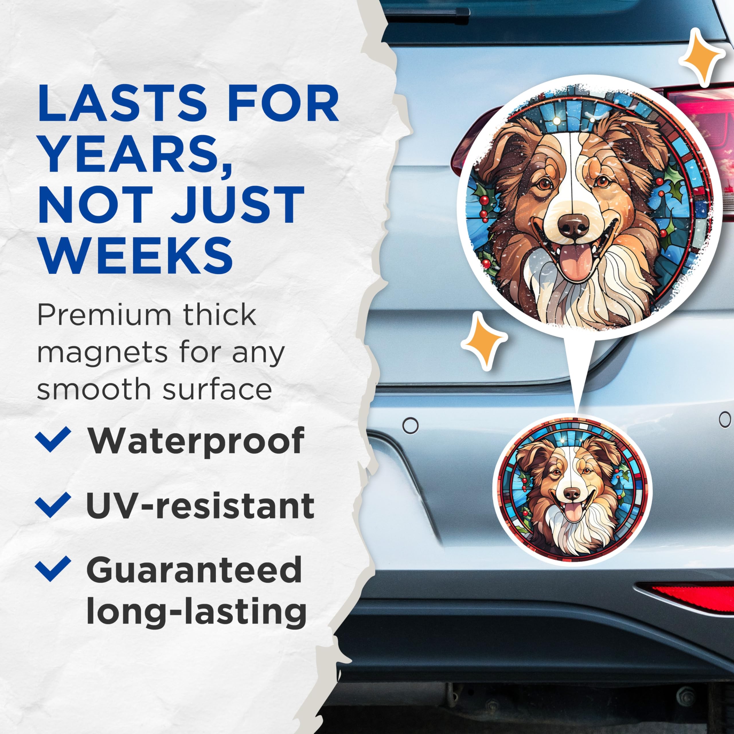 (2 Pack) Australian Shepherd Magnets - Stained Glass Dog Art - Holiday Pet Decor - 5 Inches On Longest Side - Thick Durable Magnet - Made in USA - MAG25993