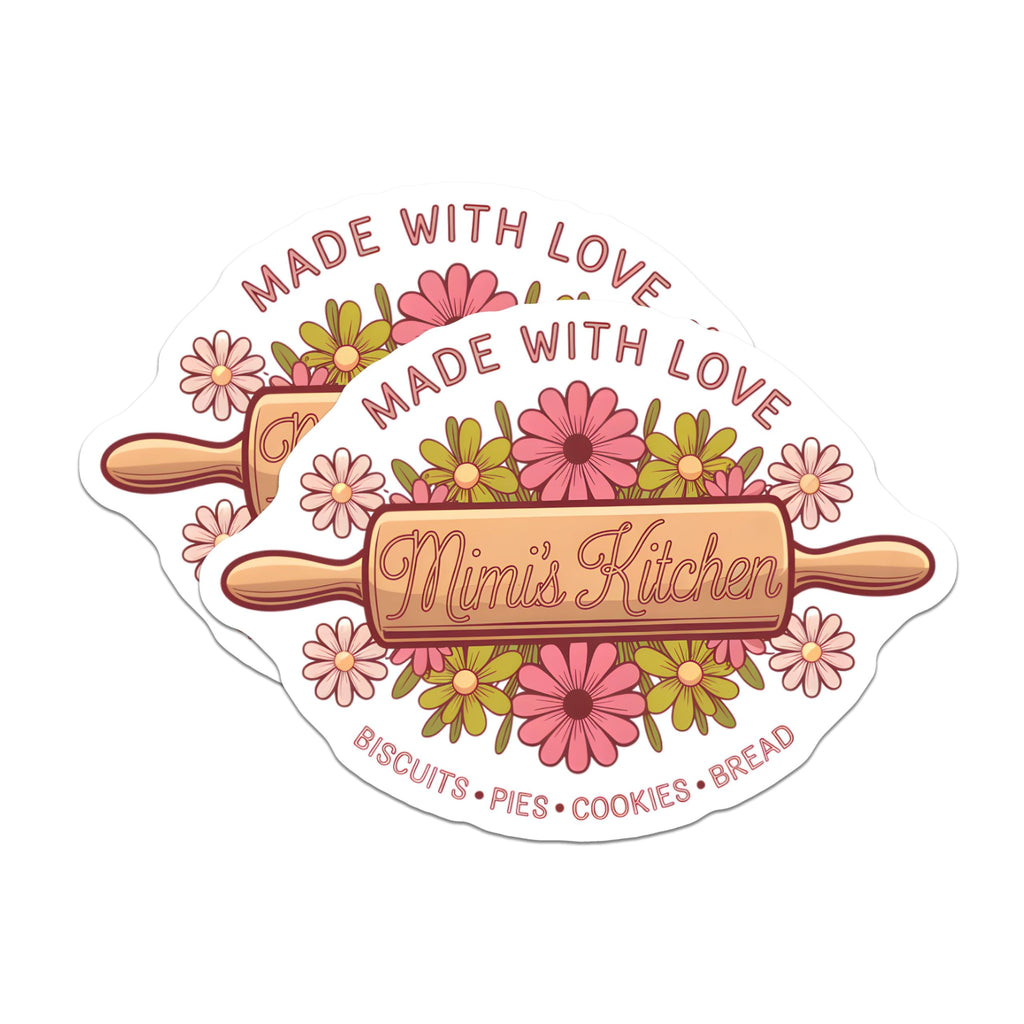 (2 Pack) Made with Love Stickers - Mimi's Kitchen Stickers - Kitchen Decor Biscuits Pies Cookies Bread Stickers - 5" On Longest Side - Sticks to Smooth Flat Surfaces - Made in USA - BMCS3649