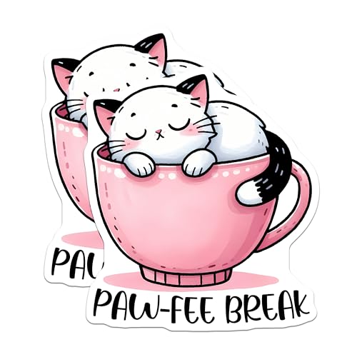 (2 Pack) Cute Cat in Cup Stickers - Paw-Fee Break Stickers - Adorable Animal Stickers for Laptops Water Bottles - 5" On Longest Side - Sticks to Any Smooth Flat Surface - Made in USA - BMCS3299