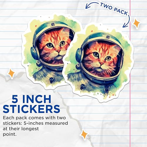 (2 Pack) Astronaut Cat Stickers - Space Cat Stickers - Cute Cat in Spacesuit Stickers - 5" On Longest Side - Sticks to Any Smooth Flat Surface - Made in USA - BMCS3608