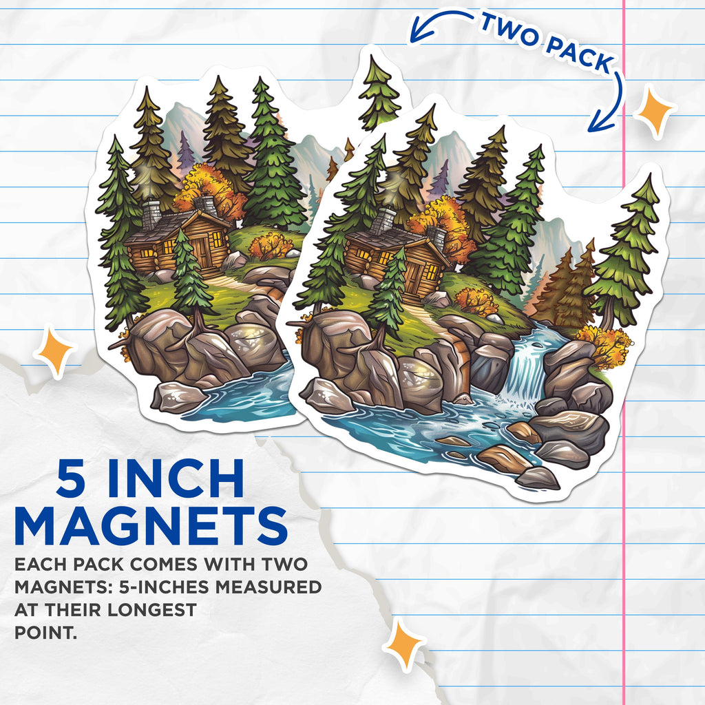 (2 Pack) Log Cabin Magnets - Forest Waterfall - Rustic Nature Scene - 5 Inches On Longest Side - Thick Durable Magnet - Made in USA - MAG38307