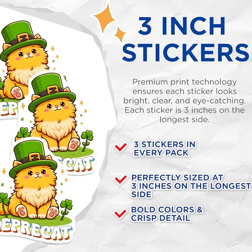 (3 Pack) Leprechaun Cat Decals - St Patricks Day Decals - Laptop Decal - 3 Inches On Longest Side - Easy Peel & Apply - Made in USA - 3MCS6873