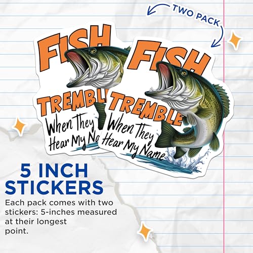 (2 Pack) Fish Tremble Stickers - Funny Fishing Stickers - Angler Humor Stickers - 5" On Longest Side - Sticks to Smooth Flat Surfaces - Made in USA - BMCS4523