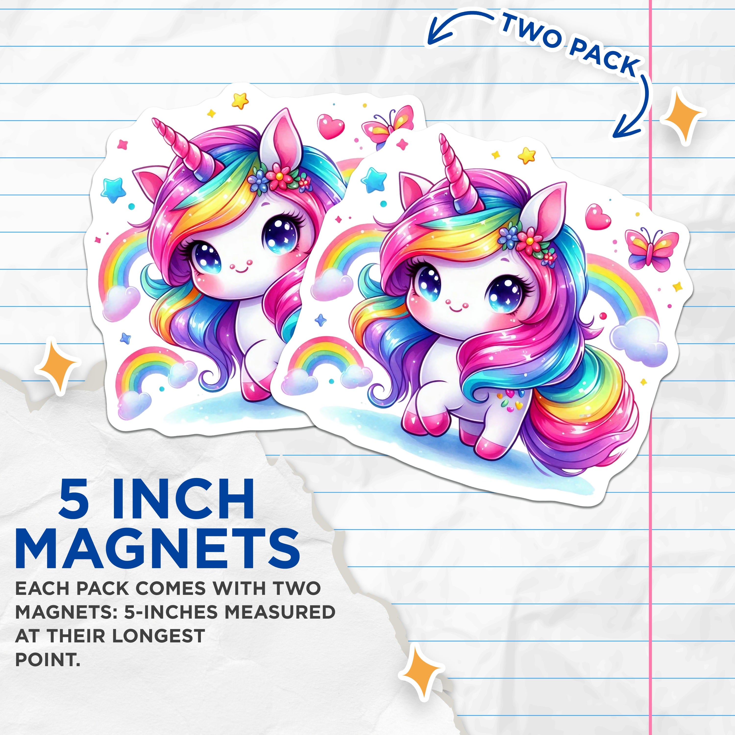 (2 Pack) Rainbow Unicorn Magnets - Cute Kawaii Fantasy Creature Fridge Locker Decor - Kids Room Birthday Party Favors - 5 Inches On Longest Side - Thick Durable Magnet - Made in USA - MAG36107