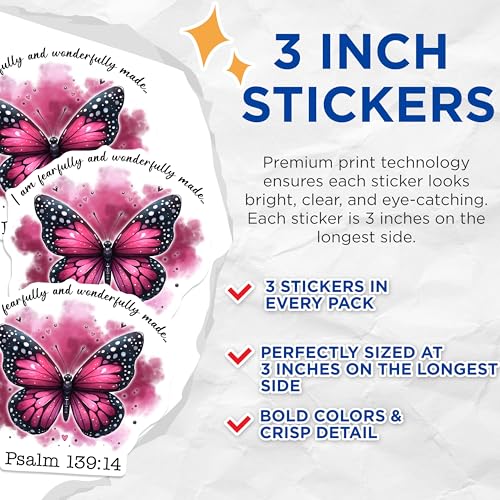 (3 Pack) Butterfly Psalm Decals - Religious Saying - Faith Based Art - 3 Inches On Longest Side - Easy Peel & Apply - Made in USA - 3MCS8497