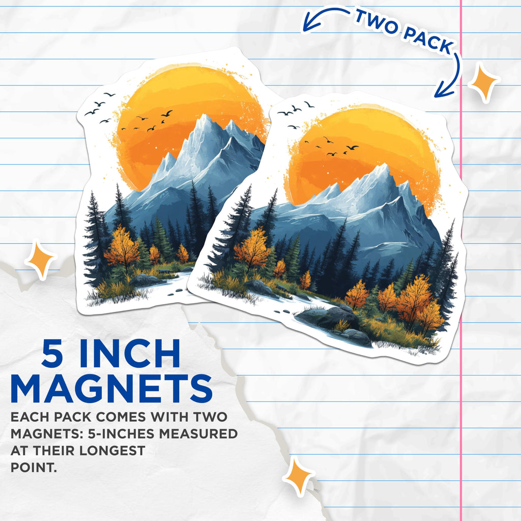 (2 Pack) Vibrant Mountain Landscape Magnets - Autumn Forest River Scene - Majestic Peaks Sunrise Birds Nature Art - 5 Inches On Longest Side - Thick Durable Magnet - Made in USA - MAG24910