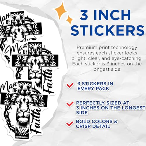 (3 Pack) Lion Faith Decals - Man of Faith - Christian Laptop Decals - 3 Inches On Longest Side - Easy Peel & Apply - Made in USA - 3MCS2203