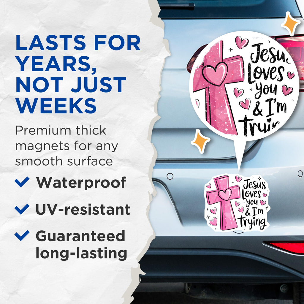 (2 Pack) Jesus Loves You Magnets - Pink Cross with Hearts - Religious Faith Decor - 5" On Longest Side - Premium Magnet - for Cars, Refrigerators, Toolboxes, Lockers - Made in USA - MAG17802