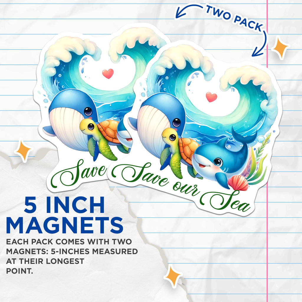 (2 Pack) Save Our Sea Magnets - Cute Ocean Animals - Marine Life Awareness - Kids Room Decor - 5" On Longest Side - for Cars, Fridges, Toolboxes - Made in USA - MAG7967