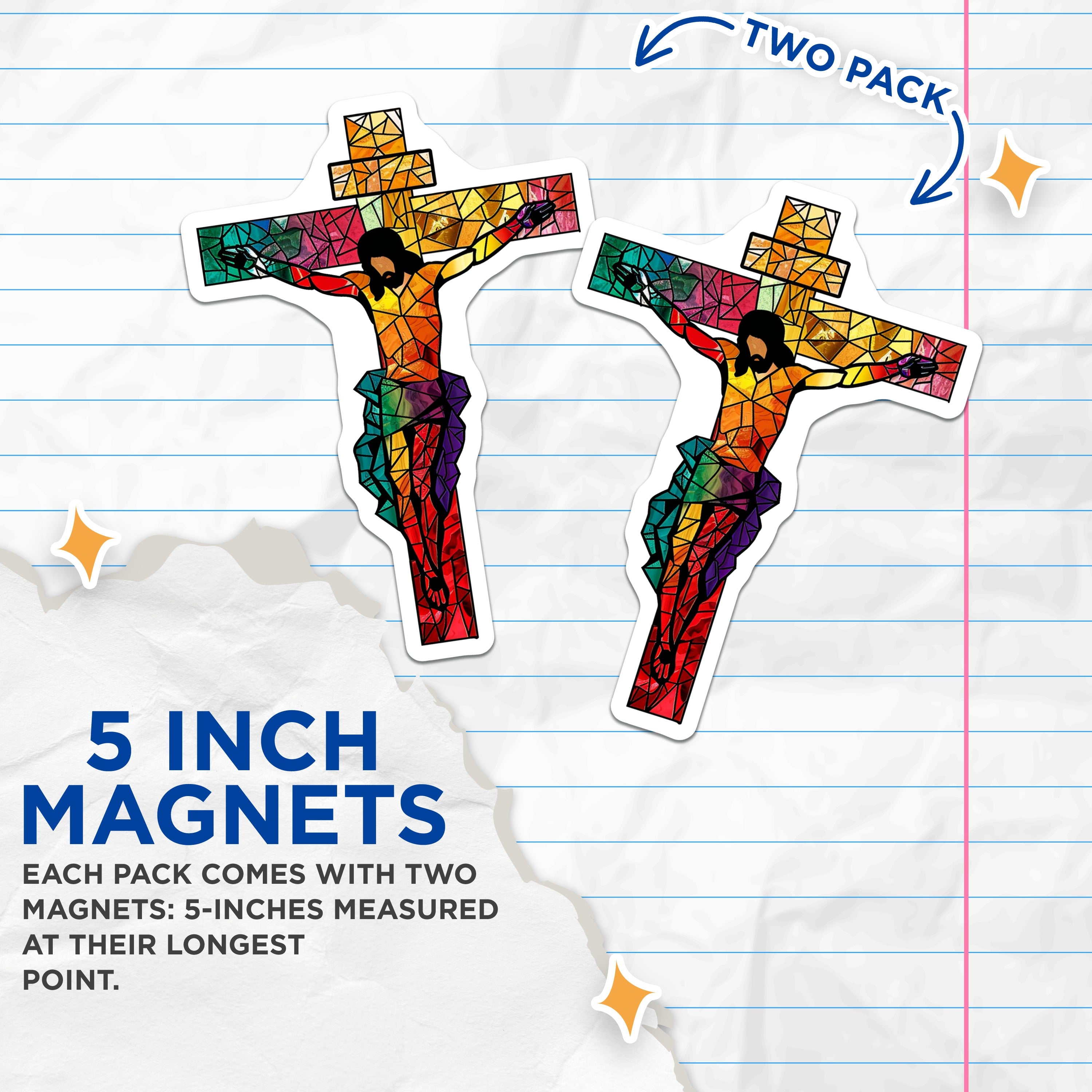 (2 Pack) Stained Glass Crucifix Magnets - Colorful Christian Religious Home Decor - Sacred Mosaic Jesus Art - 5 Inches On Longest Side - Thick Durable Magnet - Made in USA - MAG38476