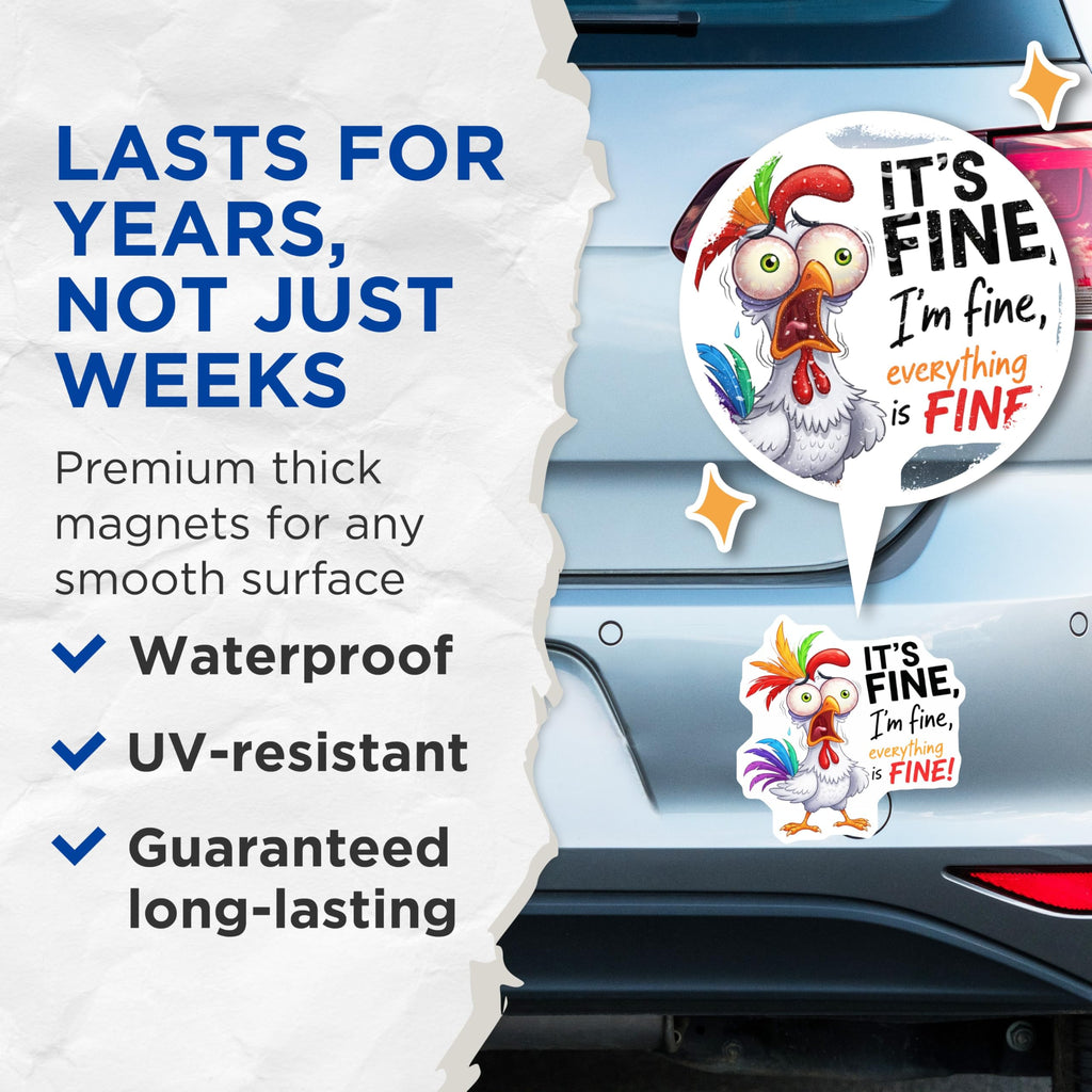 (2 Pack) Chicken It's Fine Magnets - Funny Fridge Decal - Quirky Home Decor Magnets - 5" On Longest Side - Premium Magnet - for Cars, Refrigerators, Toolboxes, Lockers - Made in USA - MAG14937