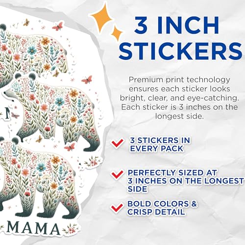 (3 Pack) Floral Bear Mama Decals - Cute Bear Stickers - Laptop Decal - 3 Inches On Longest Side - Easy Peel & Apply - Made in USA - 3MCS1686