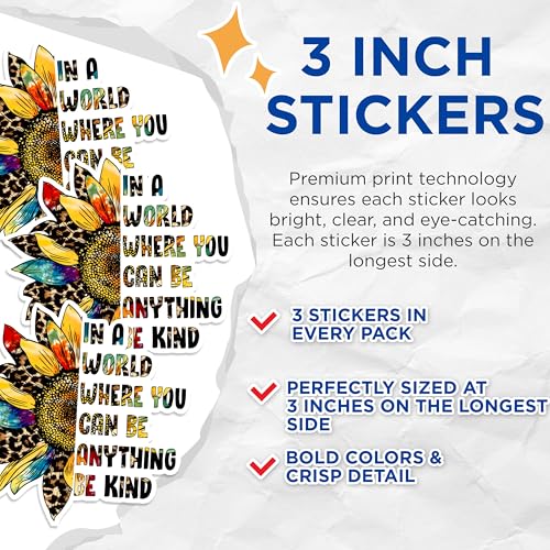 (3 Pack) Sunflower Be Kind Decals - Laptop Decals - Inspirational Decal - 3 Inches On Longest Side - Easy Peel & Apply - Made in USA - 3MCS1375