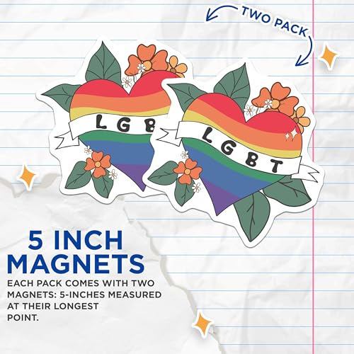 (2 Pack) LGBT Pride Heart Magnets - Rainbow Heart Magnet - LGBTQ+ Flower Heart Magnet - 5" On Longest Side - for Cars, Fridges, Toolboxes - Made in USA - MAG7257